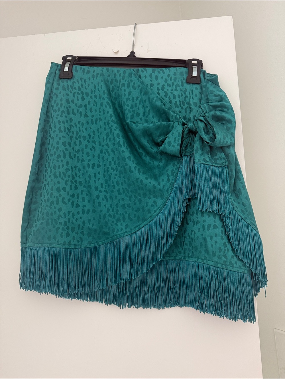 Green leopard print fringe skirt